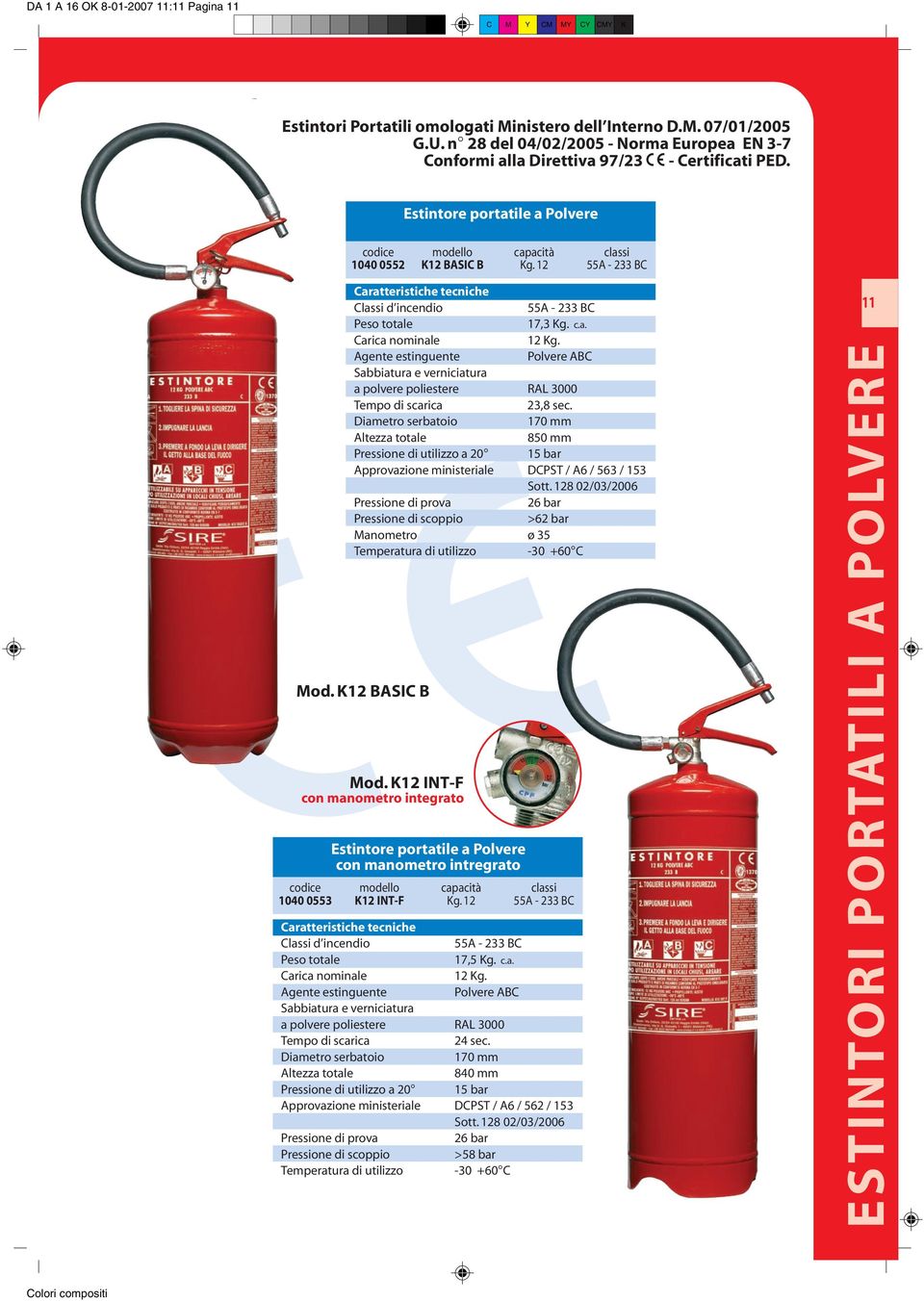 Polvere ABC 23,8 sec. 170 mm 850 mm Pressione di utilizzo a 20 15 bar Approvazione ministeriale DCPST / A6 / 563 / 153 Sott.