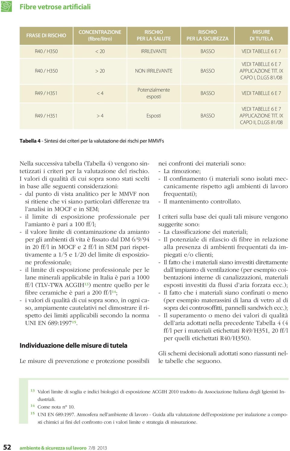 IX CAPO II, D.LGS 81/08 Tabella 4 - Sintesi dei criteri per la valutazione dei rischi per MMVFs Nella successiva tabella (Tabella 4) vengono sintetizzati i criteri per la valutazione del rischio.