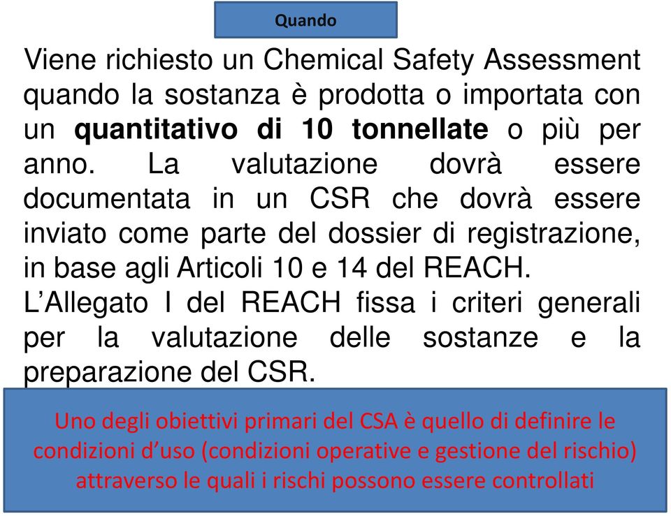 del REACH. L Allegato I del REACH fissa i criteri generali per la valutazione delle sostanze e la preparazione del CSR.