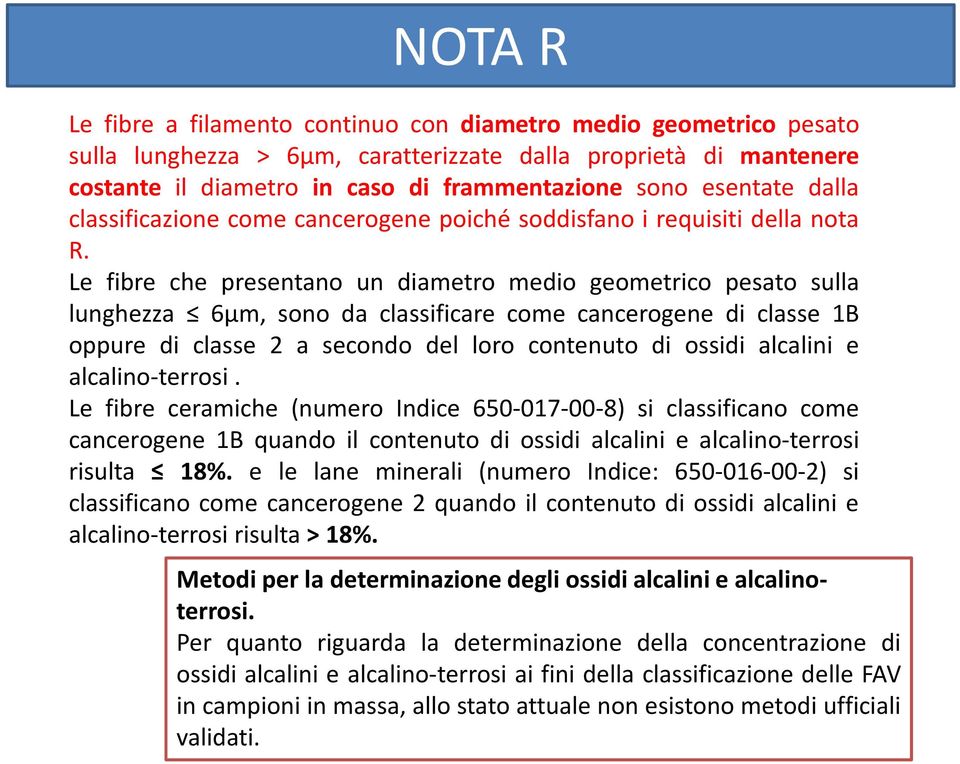 Le fibre che presentano un diametro medio geometrico pesato sulla lunghezza 6µm, sono da classificare come cancerogene di classe 1B oppure di classe 2 a secondo del loro contenuto di ossidi alcalini