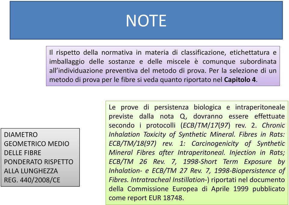 440/2008/CE Le prove di persistenza biologica e intraperitoneale previste dalla nota Q, dovranno essere effettuate secondo i protocolli (ECB/TM/17(97) rev. 2.