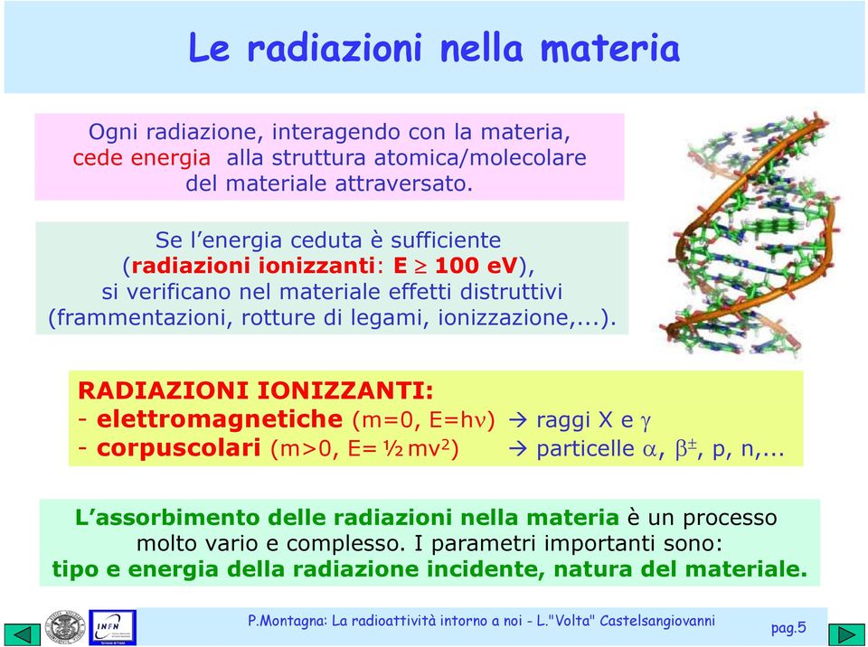 ionizzazione,...). RADIAZIONI IONIZZANTI: - elettromagnetiche (m=0, E=hν) raggi X e γ - corpuscolari (m>0, E= ½ mv 2 ) particelle α, β ±, p, n,.