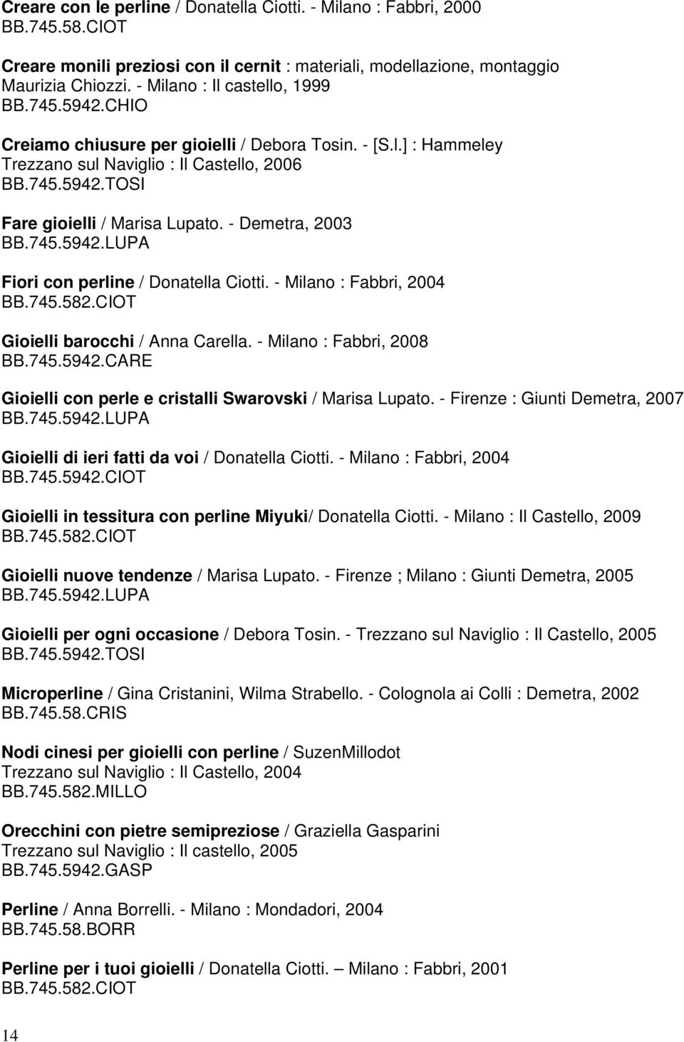 - Demetra, 2003 BB.745.5942.LUPA Fiori con perline / Donatella Ciotti. - Milano : Fabbri, 2004 BB.745.582.CIOT Gioielli barocchi / Anna Carella. - Milano : Fabbri, 2008 BB.745.5942.CARE Gioielli con perle e cristalli Swarovski / Marisa Lupato.