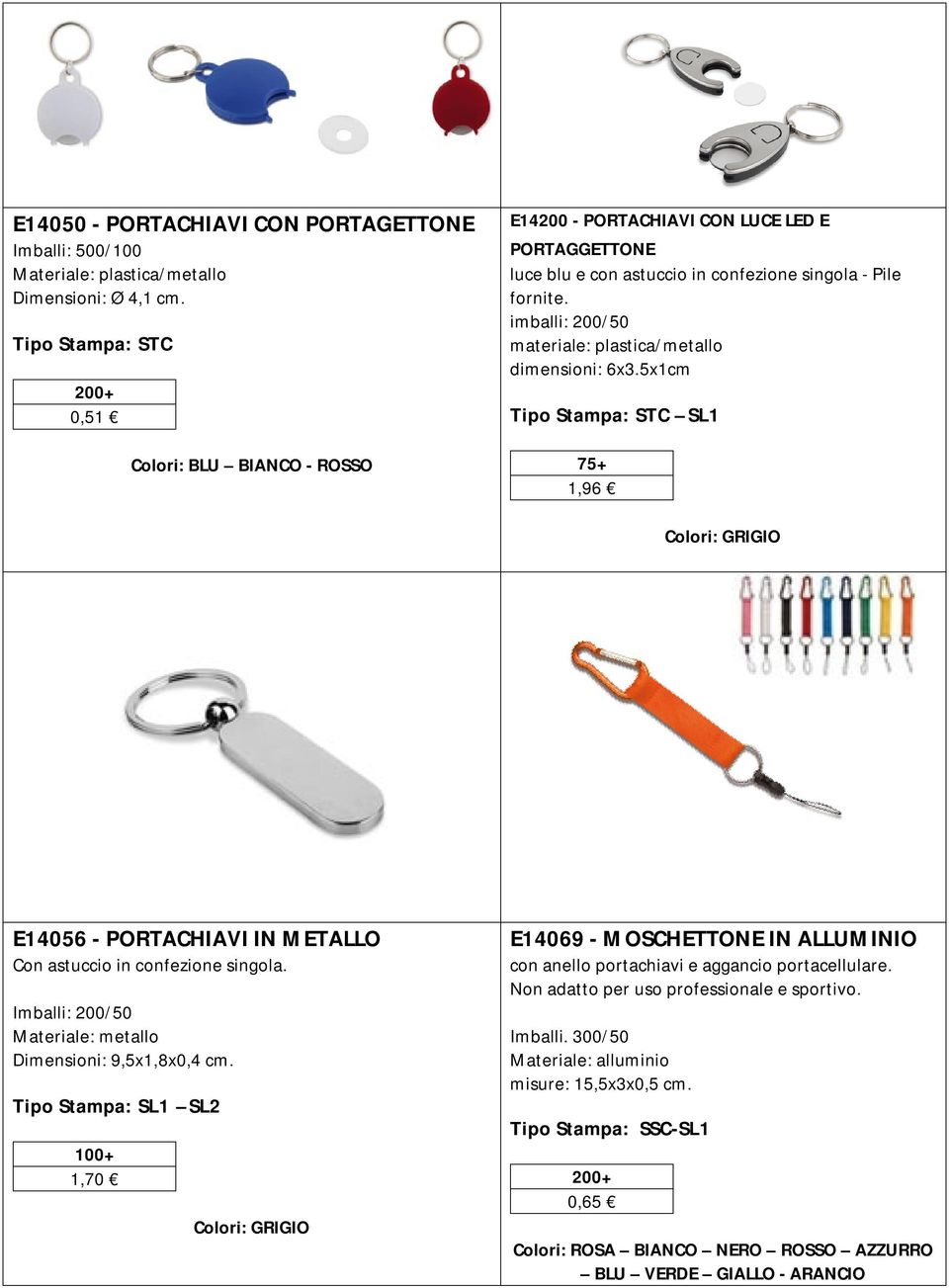 imballi: 200/50 materiale: plastica/metallo dimensioni: 6x3.5x1cm Tipo Stampa: STC SL1 75+ 1,96 Colori: GRIGIO E14056 - PORTACHIAVI IN METALLO Con astuccio in confezione singola.