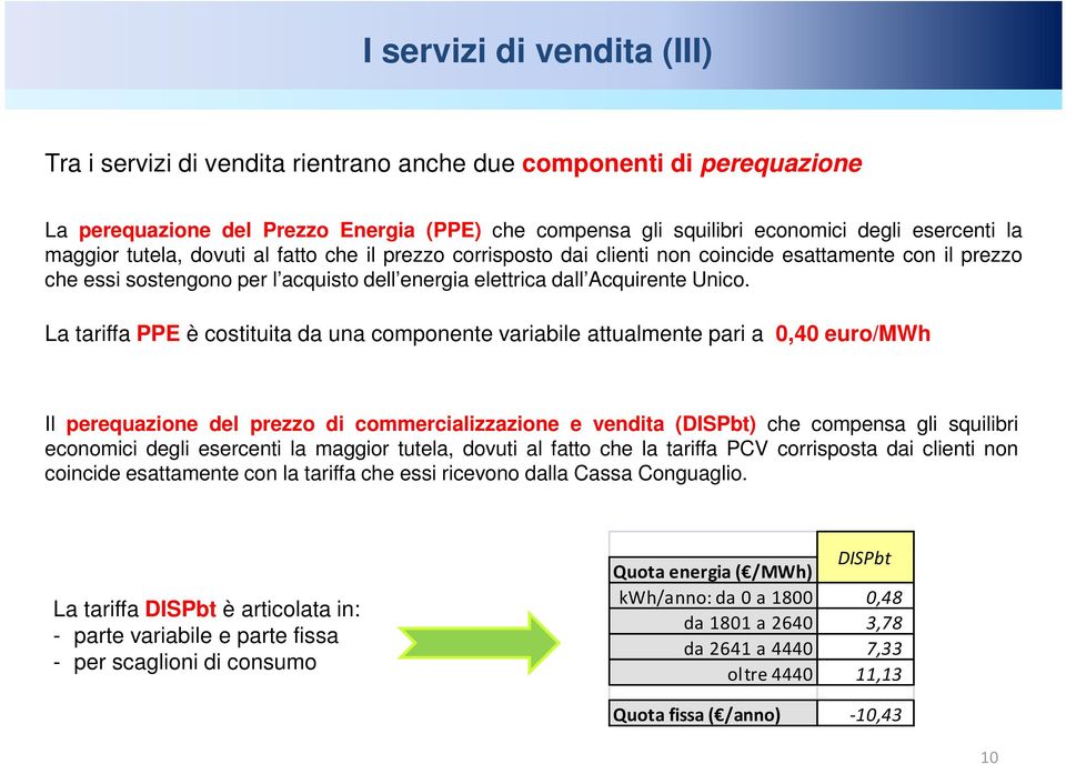 La tariffa PPE è costituita da una componente variabile attualmente pari a 0,40 euro/mwh Il perequazione del prezzo di commercializzazione e vendita (DISPbt) che compensa gli squilibri economici