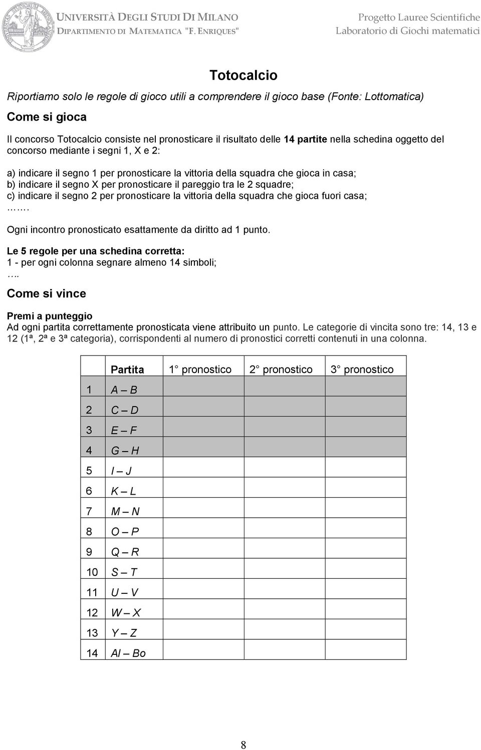 squadre; c) indicare il segno per pronosticare la vittoria della squadra che gioca fuori casa;. Ogni incontro pronosticato esattamente da diritto ad punto.