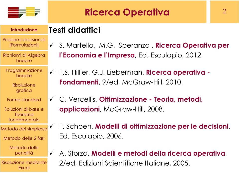 Vercellis, Ottimizzazione - Teoria, metodi, applicazioni, McGraw-Hill, 2008. F.