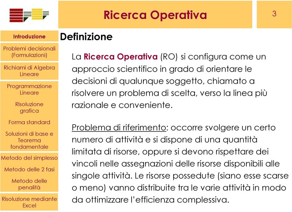 Problema di riferimento: occorre svolgere un certo numero di attività e si dispone di una quantità limitata di risorse, oppure si devono rispettare