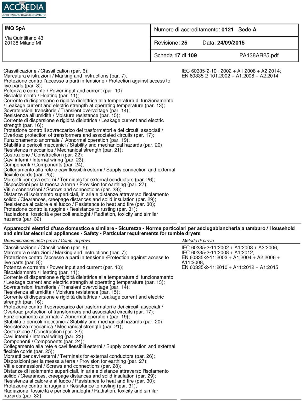 11); Corrente di dispersione e rigidità dielettrica alla temperatura di funzionamento / Leakage current and electric strength at operating temperature (par.