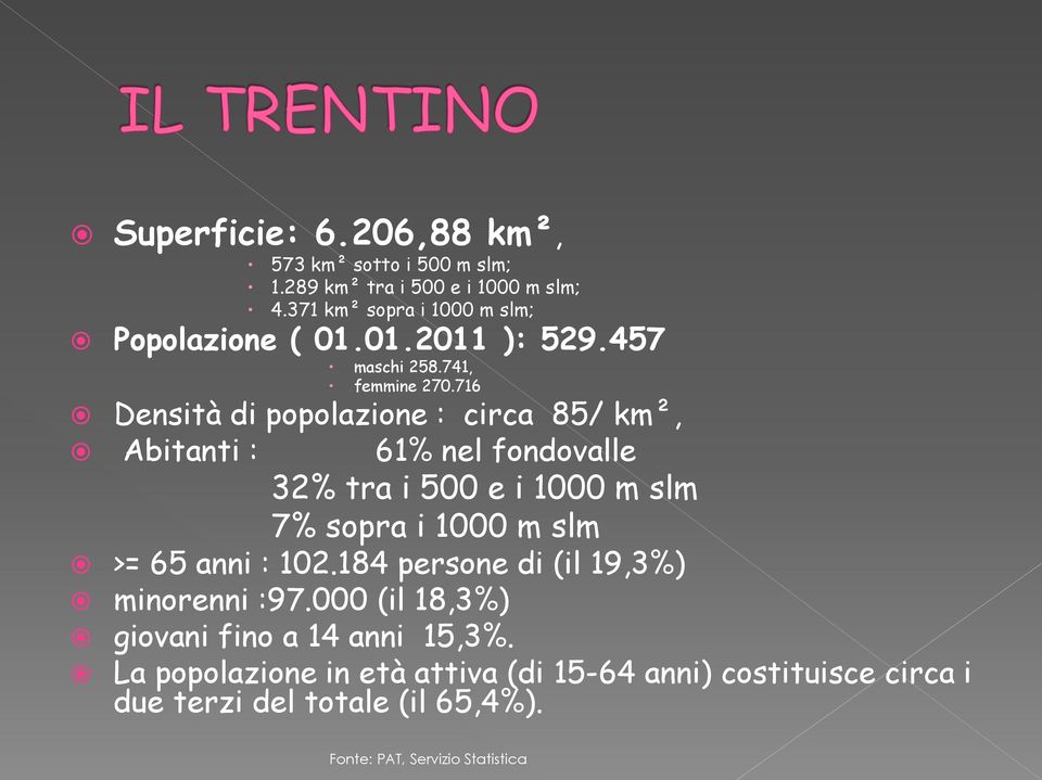 716 Densità di popolazione : circa 85/ km², Abitanti : 61% nel fondovalle 32% tra i 500 e i 1000 m slm 7% sopra i 1000 m slm >= 65