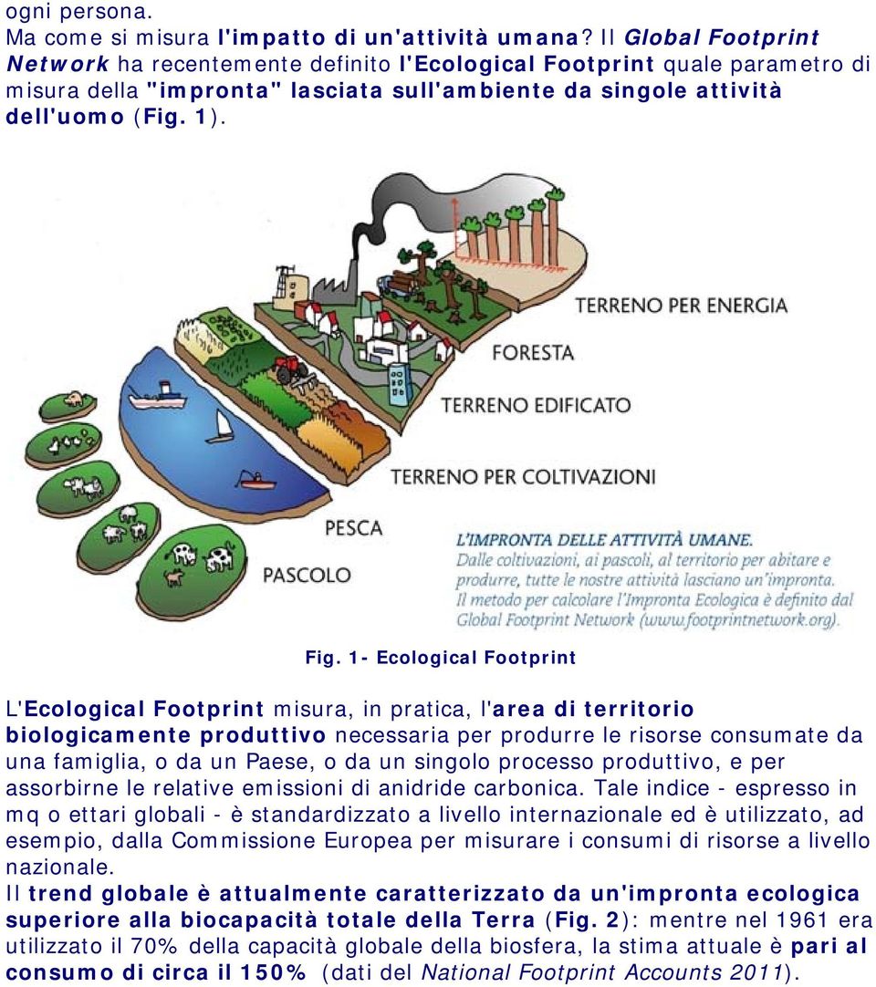 1- Ecological Footprint L'Ecological Footprint misura, in pratica, l'area di territorio biologicamente produttivo necessaria per produrre le risorse consumate da una famiglia, o da un Paese, o da un