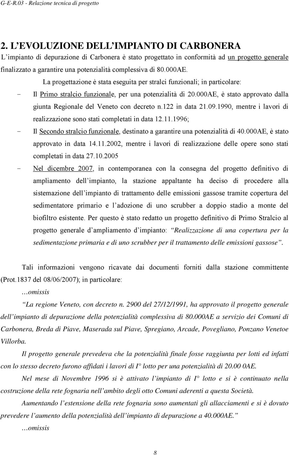 000AE, è stato approvato dalla giunta Regionale del Veneto con decreto n.122 in data 21.09.1990, mentre i lavori di realizzazione sono stati completati in data 12.11.