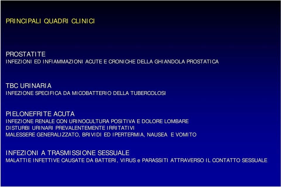 DOLORE LOMBARE DISTURBI URINARI PREVALENTEMENTE IRRITATIVI MALESSERE GENERALIZZATO, BRIVIDI ED IPERTERMIA, NAUSEA E