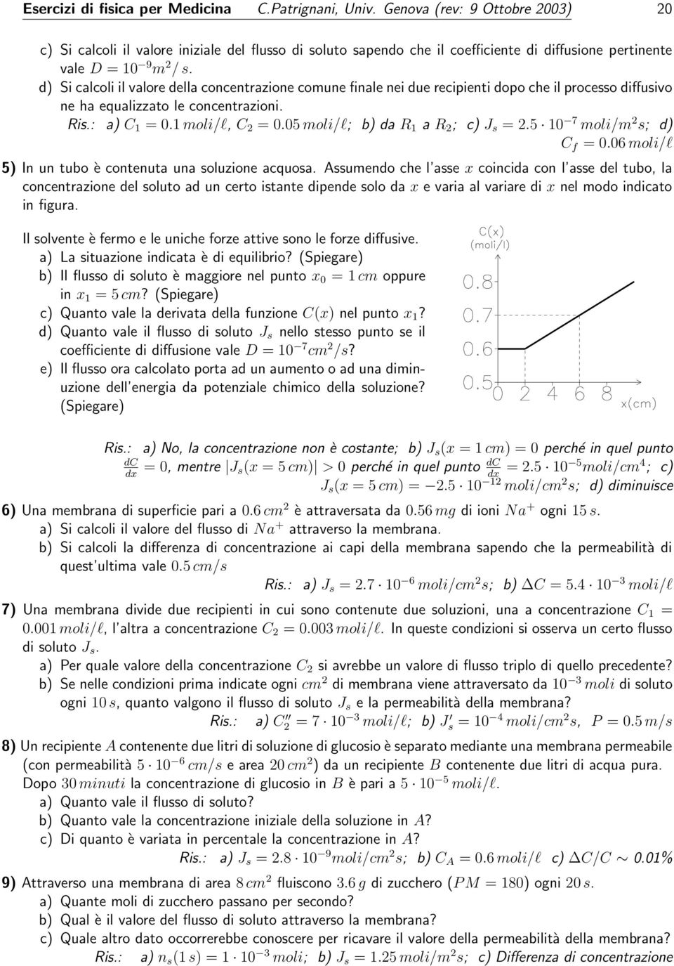 d) Si calcoli il valore della concentrazione comune finale nei due recipienti dopo che il processo diffusivo ne ha equalizzato le concentrazioni. a) C 1 = 0.1 moli/l, C 2 = 0.