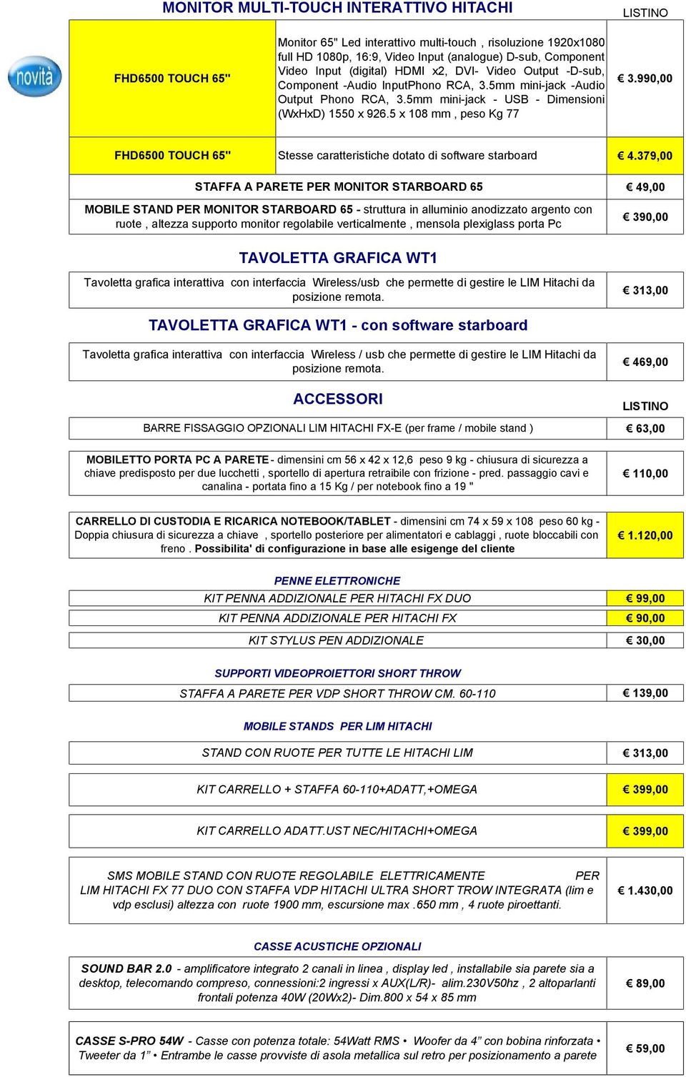 990,00 FHD6500 TOUCH 65" Stesse caratteristiche dotato di software starboard 4.