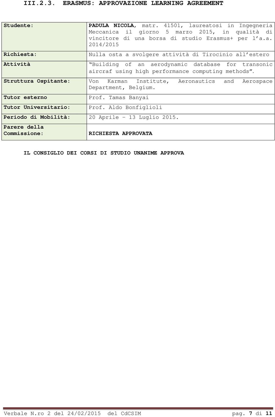 Struttura Ospitante: Von Karman Institute, Aeronautics and Aerospace Department, Belgium. Tutor esterno Tutor Universitario: Prof. Tamas Banyai Prof.