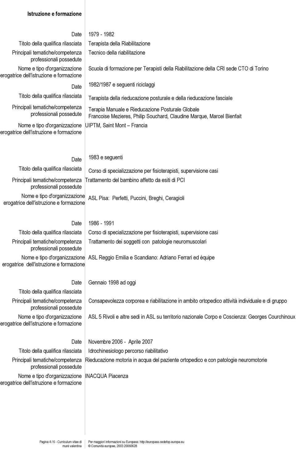 UIPTM, Saint Mont Francia 1983 e seguenti Corso di specializzazione per fisioterapisti, supervisione casi Trattamento del bambino affetto da esiti di PCI ASL Pisa: Perfetti, Puccini, Breghi,