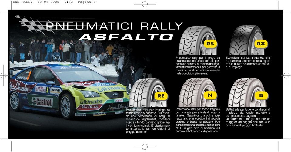 Evoluzione del battistrda RS che ne aumenta ulteriormente la rigidità e la durata nelle stesse condizioni di impiego RE N B Pneumatico rally per impiego su fondo umido o bagnato.