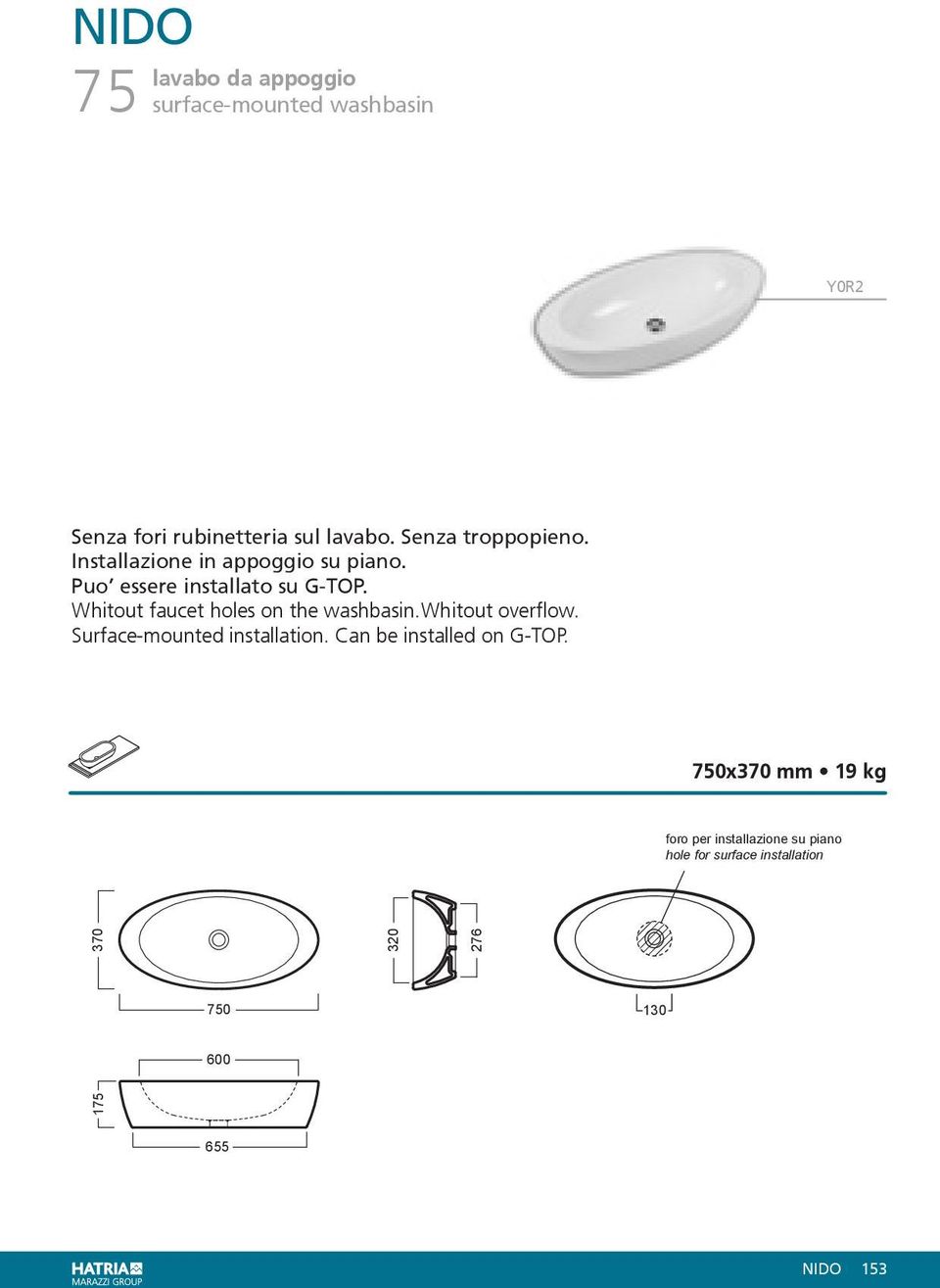 Whitout faucet holes on the washbasin.whitout overflow. Surface-mounted installation.