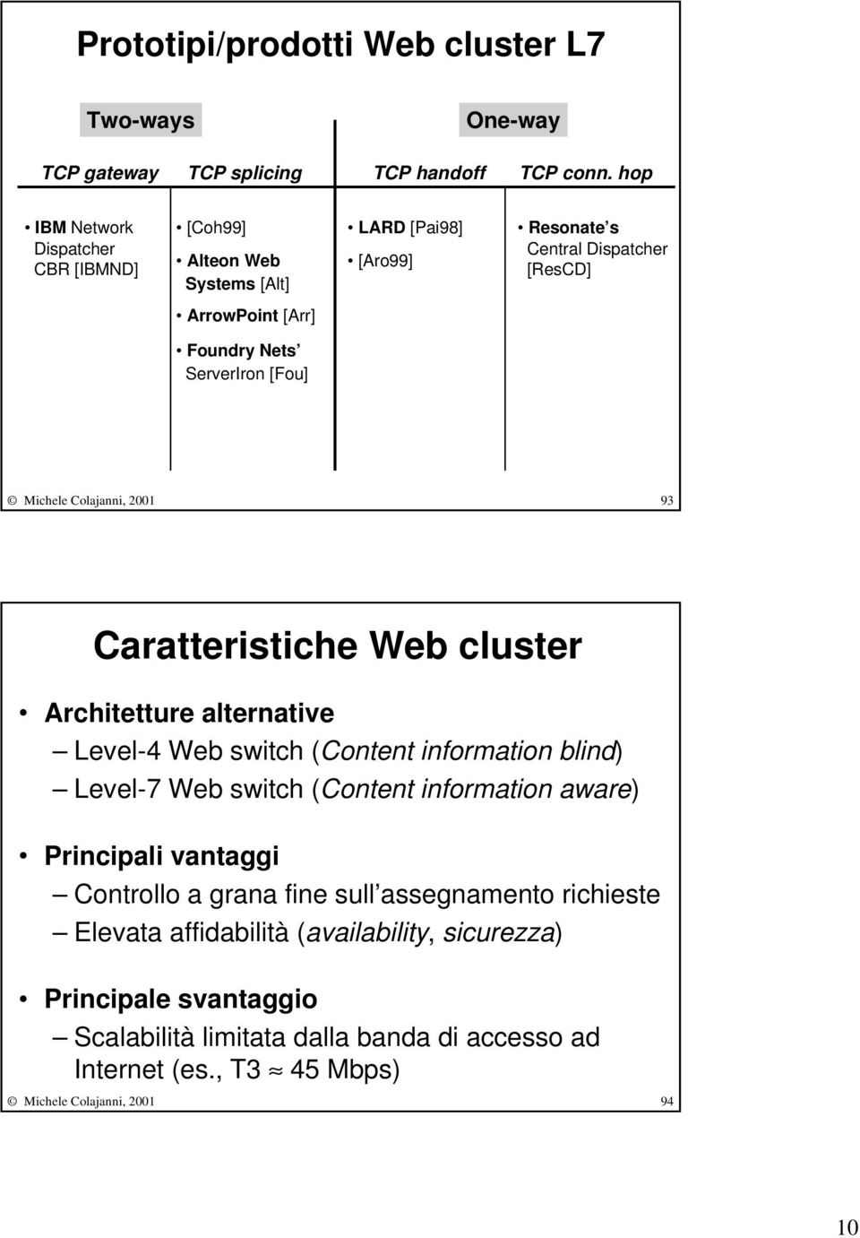 [Fou] Michele Colajanni, 2001 93 Caratteristiche Web cluster Architetture alternative Level-4 Web switch (Content information blind) Level-7 Web switch (Content information