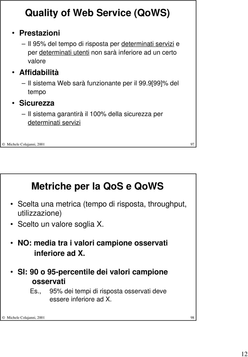 9[99]% del tempo Sicurezza Il sistema garantirà il 100% della sicurezza per determinati servizi Michele Colajanni, 2001 97 Metriche per la QoS e QoWS Scelta una