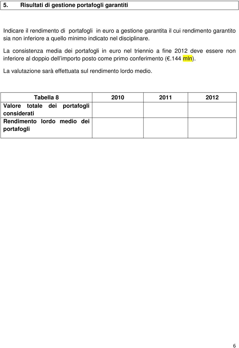 La consistenza media dei portafogli in euro nel triennio a fine 2012 deve essere non inferiore al doppio dell importo posto come