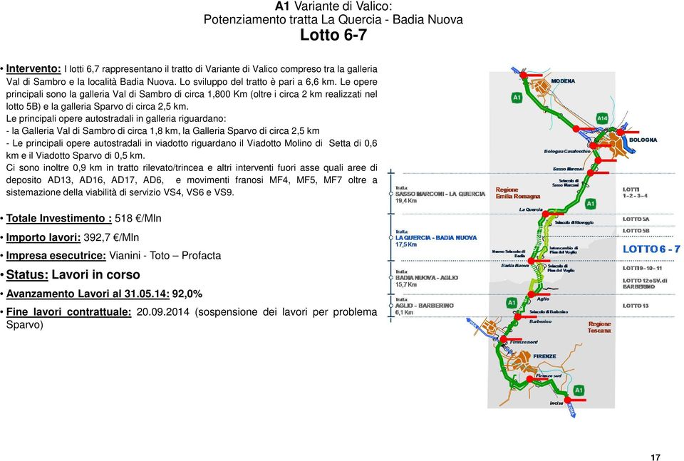 Le opere principali sono la galleria Val di Sambro di circa 1,800 Km (oltre i circa 2 km realizzati nel lotto 5B) e la galleria Sparvo di circa 2,5 km.