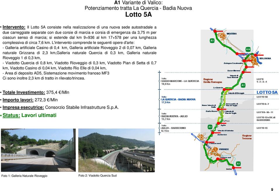 L'intervento comprende le seguenti opere d'arte: - Galleria artificiale Casino di 0,4 km, Galleria artificiale Rioveggio 2 di 0,07 km, Galleria naturale Grizzana di 2,3 km,galleria naturale Quercia