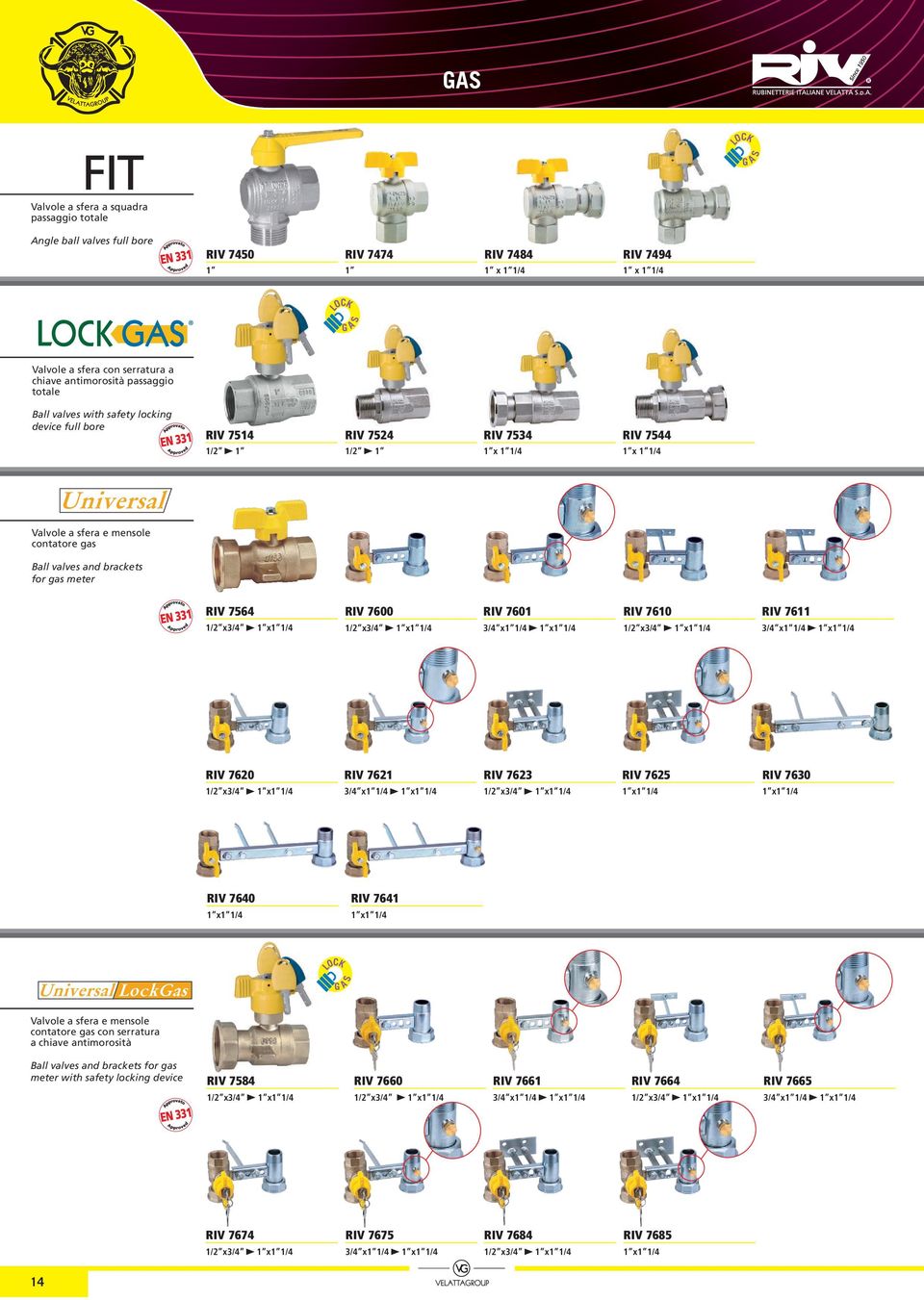 7564 RIV 7600 RIV 7601 RIV 7610 RIV 7611 x3/ x3/ 3/x1/4 x3/ 3/x1/4 RIV 7620 RIV 7621 RIV 7623 RIV 7625 RIV 7630 x3/ 3/x1/4 x3/ RIV 7640 RIV 7641 LOCK S A G Valvole a sfera e mensole contatore gas con