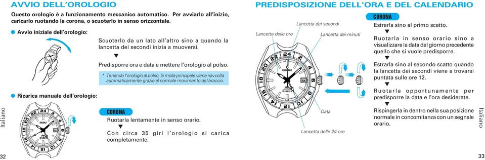 Ricarica manuale dell orologio: * Tenendo l orologio al polso, la molla principale viene riavvolta automaticamente grazie al normale movimento del braccio. CORONA Ruotarla lentamente in senso orario.