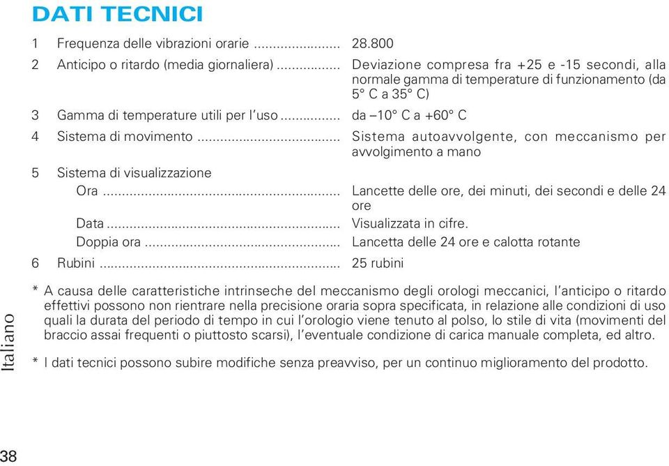 .. Sistema autoavvolgente, con meccanismo per avvolgimento a mano Sistema di visualizzazione Ora... Lancette delle ore, dei minuti, dei secondi e delle 24 ore Data... Visualizzata in cifre.