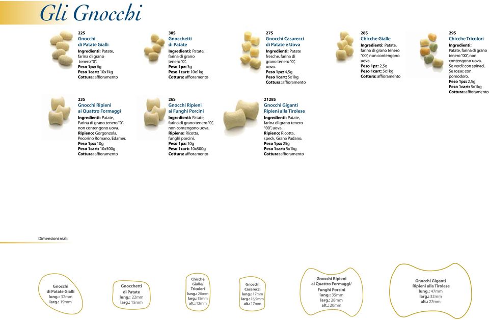 Peso 1pz: 3g Peso 1cart: 10x1kg Cottura: affioramento 27S Gnocchi Casarecci di Patate e Uova Ingredienti: Patate fresche, farina di grano tenero 0, uova.