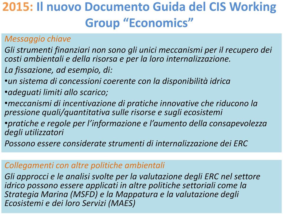 La fissazione, ad esempio, di: un sistema di concessioni coerente con la disponibilità idrica adeguati limiti allo scarico; meccanismi di incentivazione di pratiche innovative che riducono la