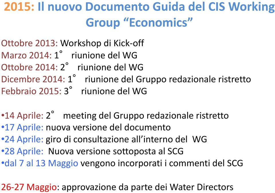 del Gruppo redazionale ristretto 17 Aprile: nuova versione del documento 24 Aprile: giro di consultazione all interno del WG 28 Aprile: