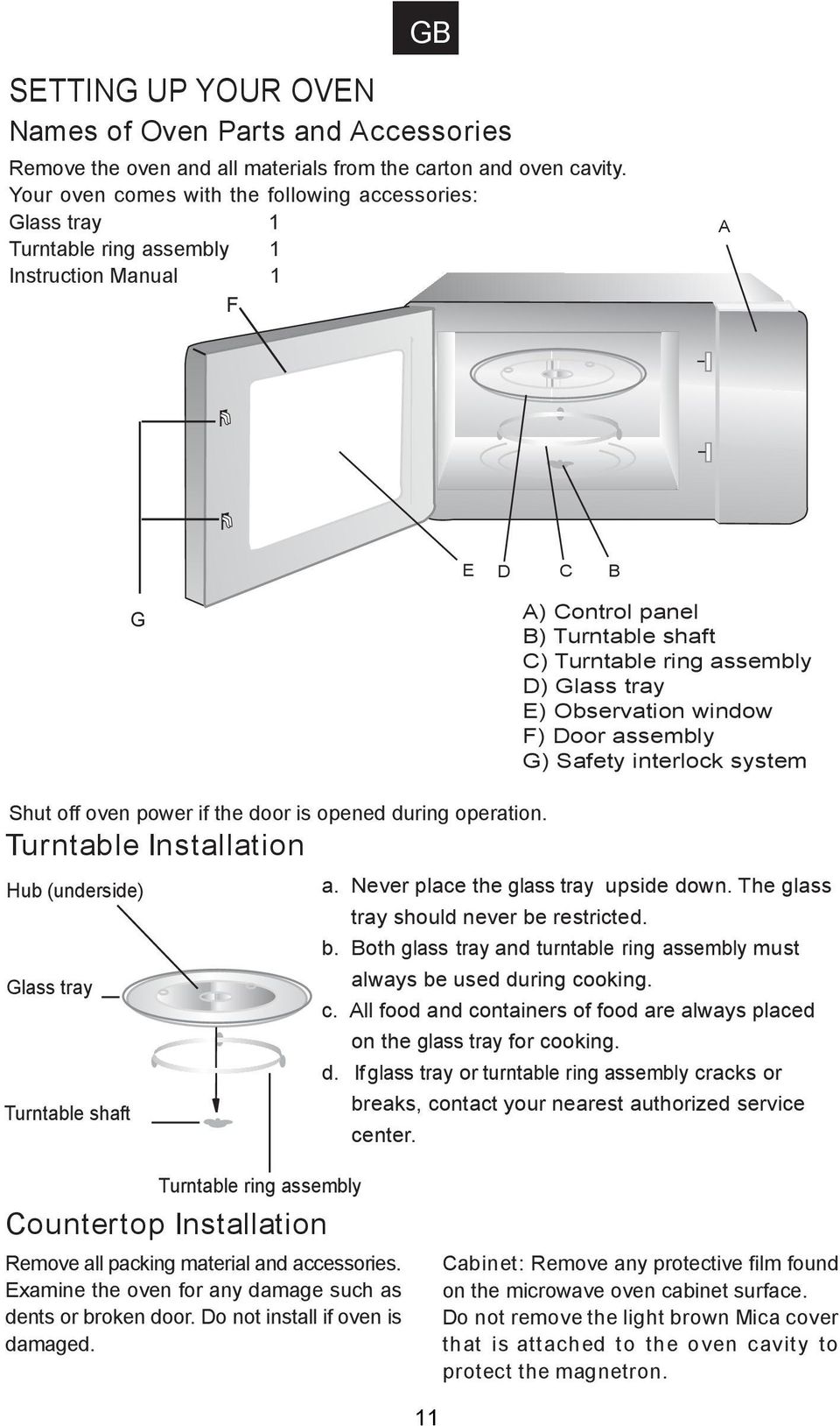 E) Observation window F) Door assembly G) Safety interlock system Shut off oven power if the door is opened during operation. Turntable Installation Hub (underside) a.
