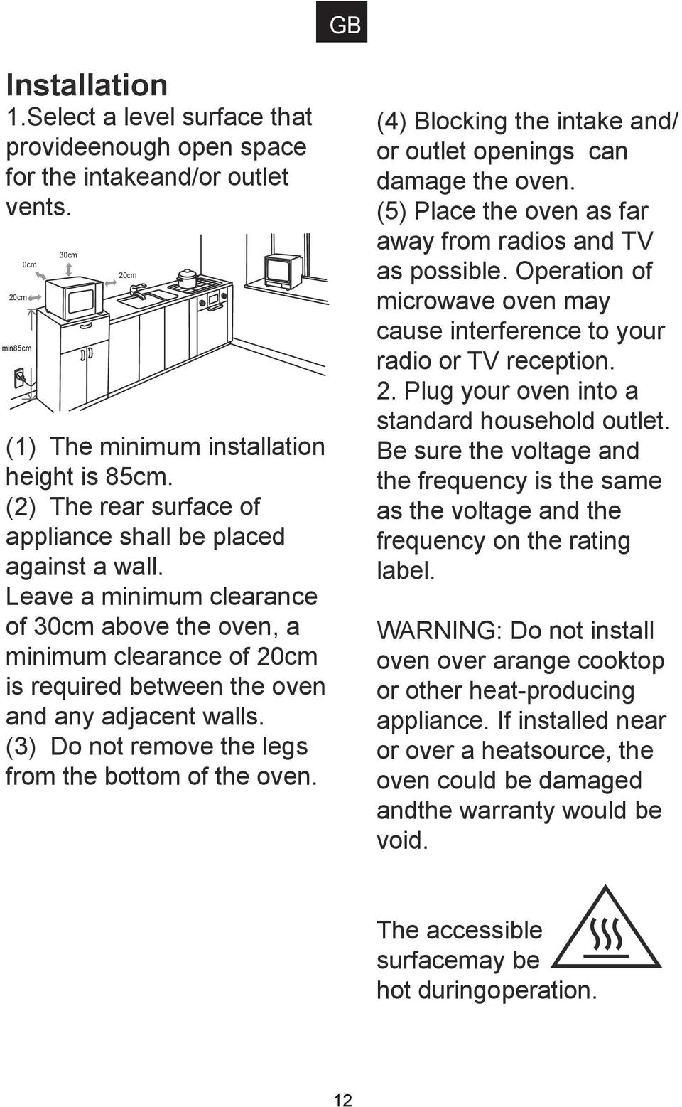 (3) Do not remove the legs from the bottom of the oven. (4) Blocking the intake and/ or outlet openings can damage the oven. (5) Place the oven as far away from radios and TV as possible.