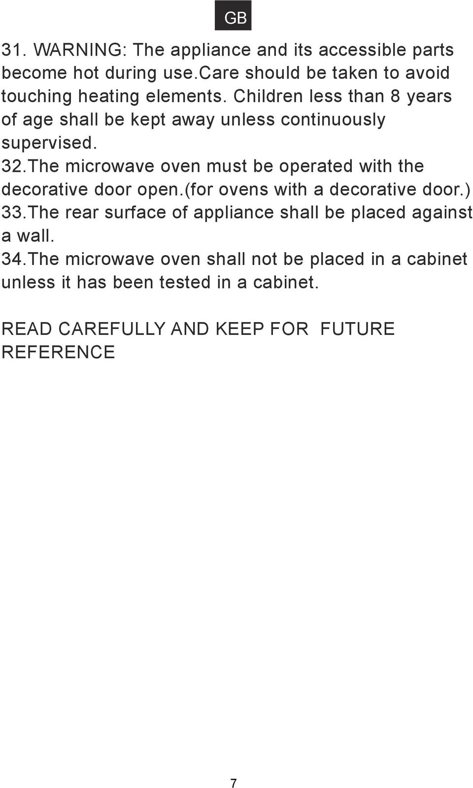 The microwave oven must be operated with the decorative door open.(for ovens with a decorative door.) 33.