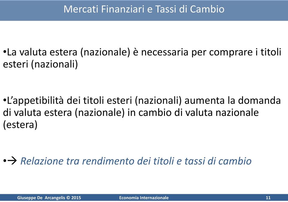 la domanda di valuta estera (nazionale) in cambio di valuta nazionale (estera) Relazione