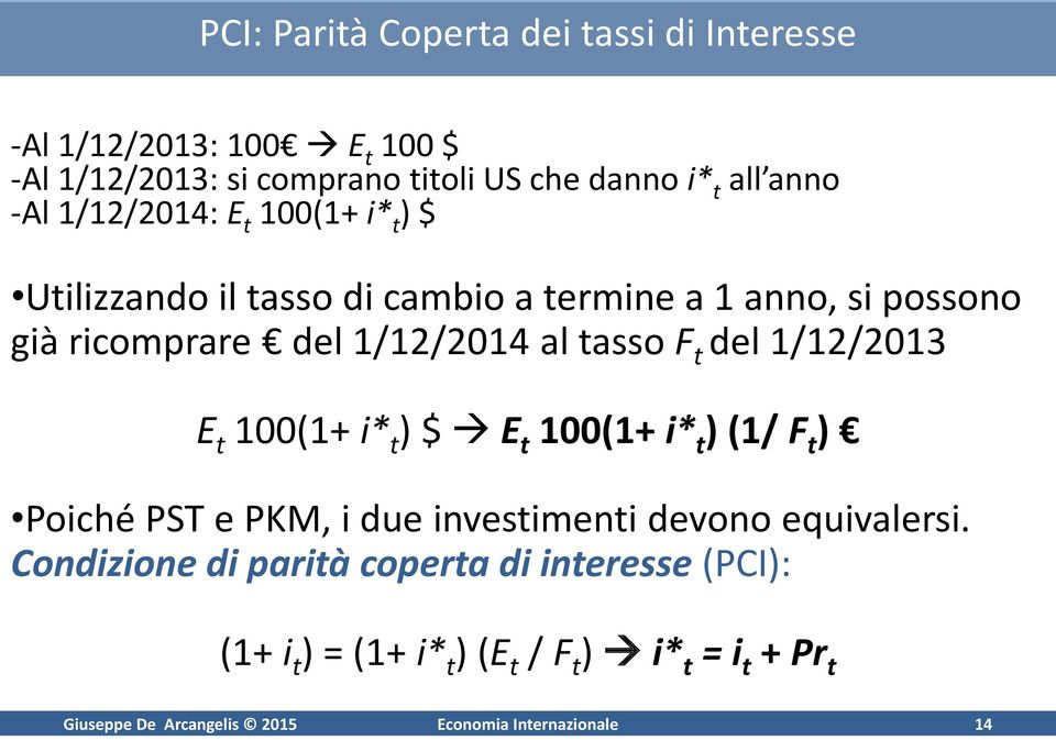 del 1/12/2013 E t 100(1+ i* t ) $ E t 100(1+ i* t ) (1/ F t ) Poiché PST e PKM, i due investimenti devono equivalersi.