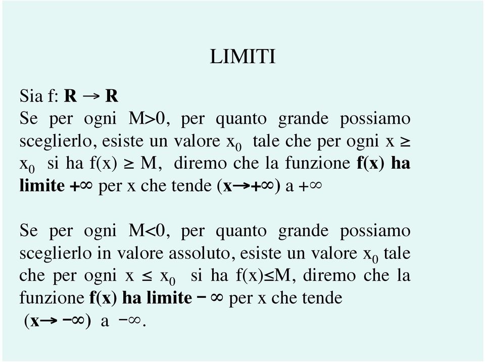 Se per ogni M<0, per quanto grande possiamo sceglierlo in valore assoluto, esiste un valore x 0 tale