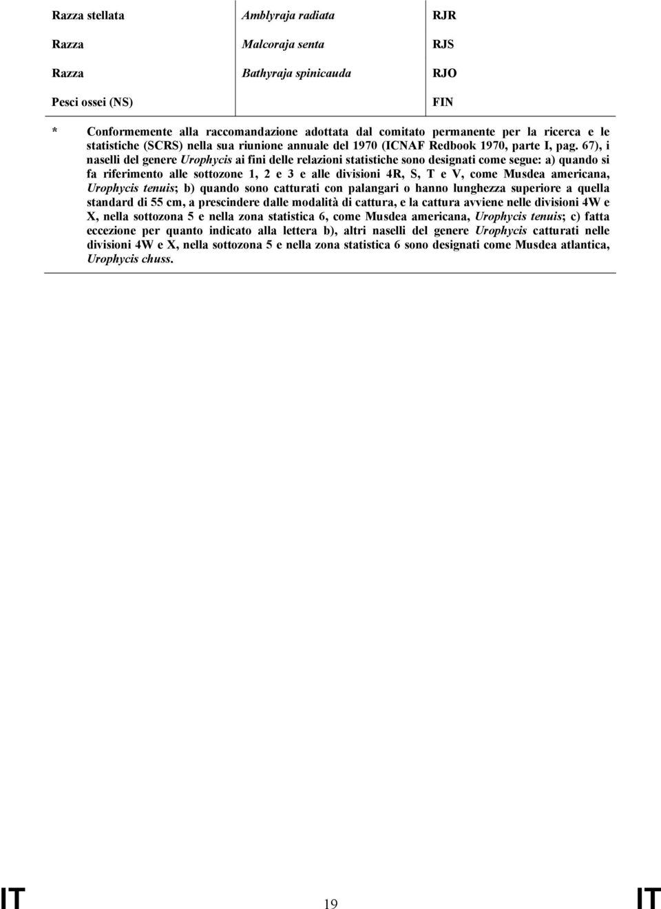 67), i naselli del genere Urophycis ai fini delle relazioni statistiche sono designati come segue: a) quando si fa riferimento alle sottozone 1, 2 e 3 e alle divisioni 4R, S, T e V, come Musdea