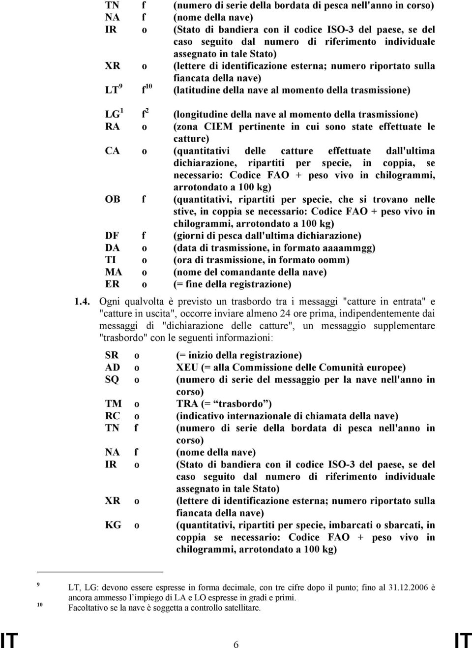 (longitudine della nave al momento della trasmissione) RA o (zona CIEM pertinente in cui sono state effettuate le catture) CA o (quantitativi delle catture effettuate dall'ultima dichiarazione,