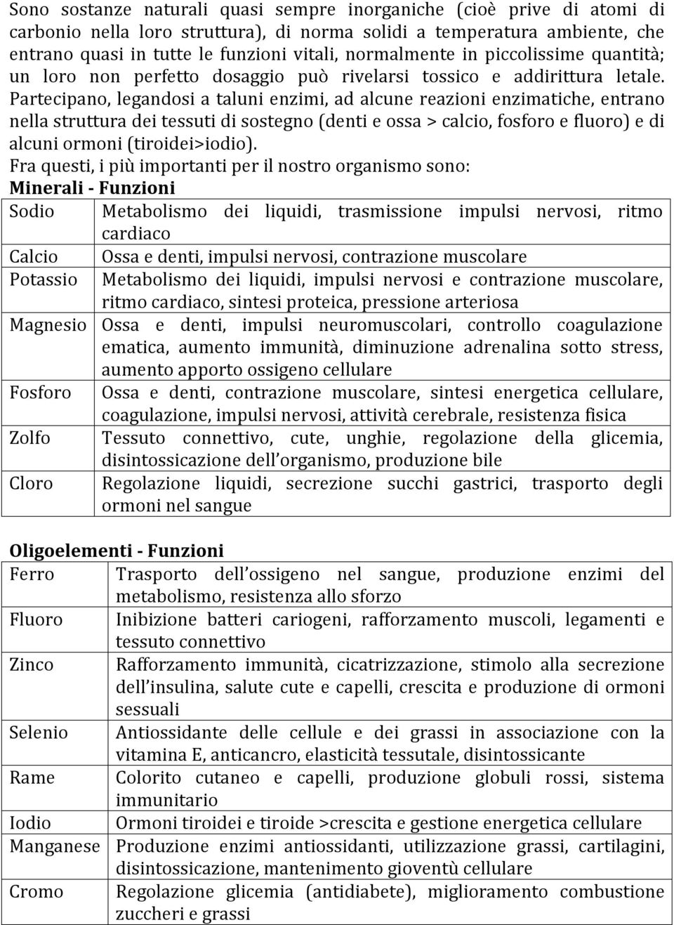 Partecipano, legandosi a taluni enzimi, ad alcune reazioni enzimatiche, entrano nella struttura dei tessuti di sostegno (denti e ossa > calcio, fosforo e fluoro) e di alcuni ormoni (tiroidei>iodio).