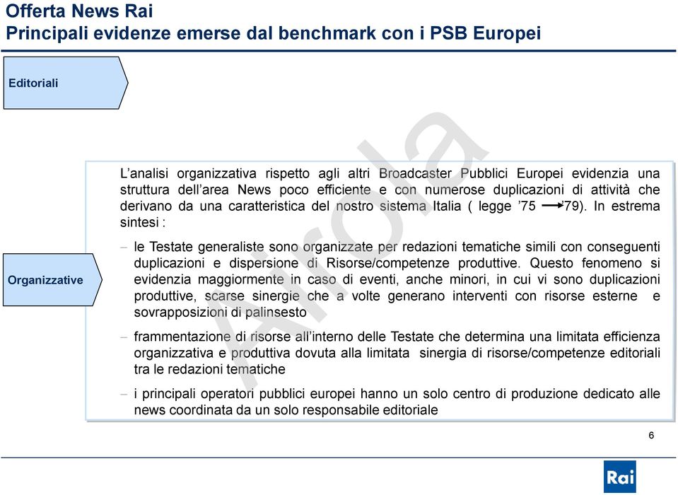 In estrema sintesi : le Testate generaliste sono organizzate per redazioni tematiche simili con conseguenti duplicazioni e dispersione di Risorse/competenze produttive.