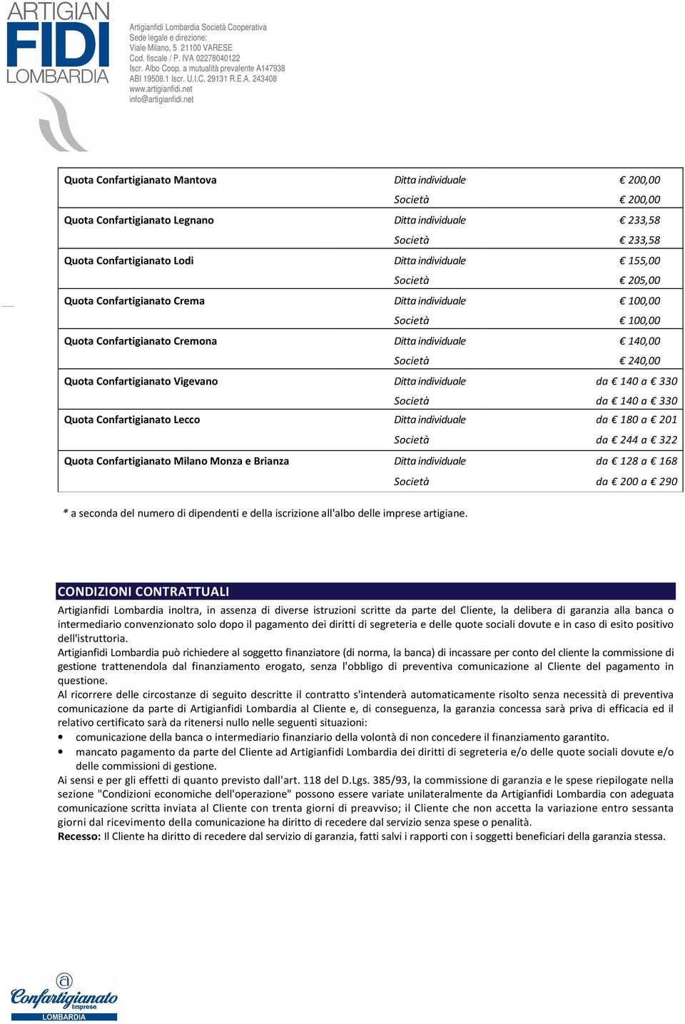 140 a 330 Società da 140 a 330 Quota Confartigianato Lecco Ditta individuale da 180 a 201 Società da 244 a 322 Quota Confartigianato Milano Monza e Brianza Ditta individuale da 128 a 168 Società da