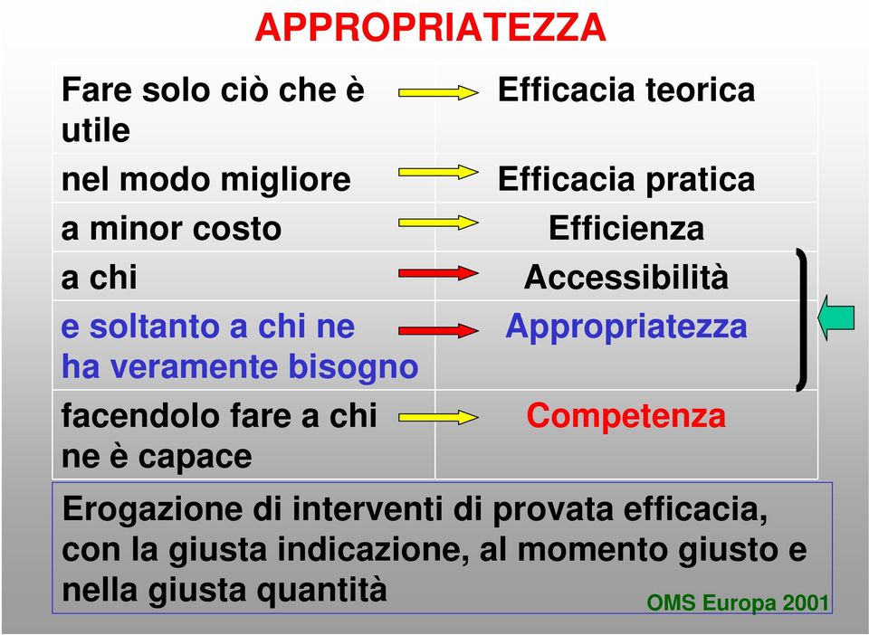 Efficacia pratica Efficienza Accessibilità Appropriatezza Competenza Erogazione di