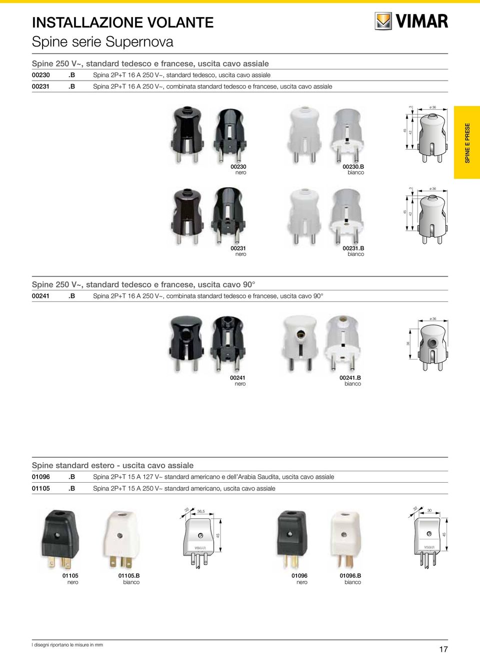 B Spine 250 V~, standard tedesco e francese, uscita cavo 90 00241.B Spina 2P+T 16 A 250 V~, combinata standard tedesco e francese, uscita cavo 90 ø 36 38 00241 00241.