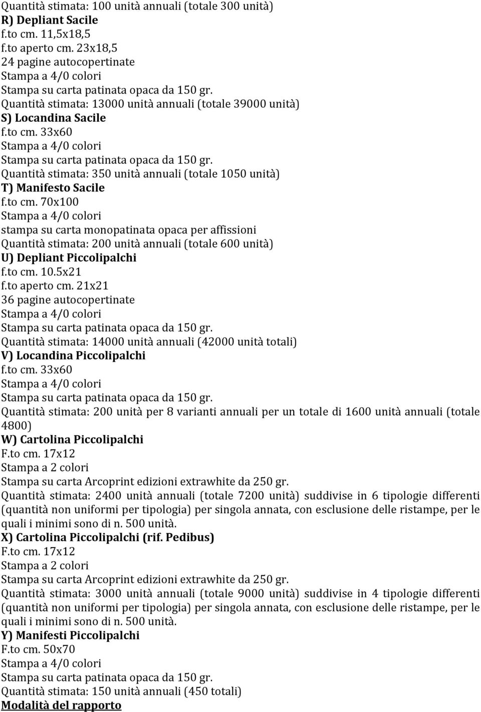 70x100 Quantità stimata: 200 unità annuali (totale 600 unità) U) Depliant Piccolipalchi f.to cm. 10.5x21 f.to aperto cm.