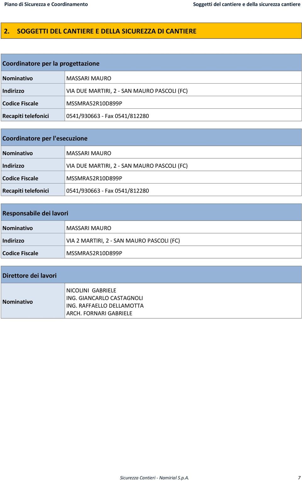 Recapiti telefonici 0541/930663 - Fax 0541/812280 Coordinatore per l'esecuzione Nominativo Indirizzo Codice Fiscale MASSARI MAURO VIA DUE MARTIRI, 2 - SAN MAURO PASCOLI (FC) MSSMRA52R10D899P