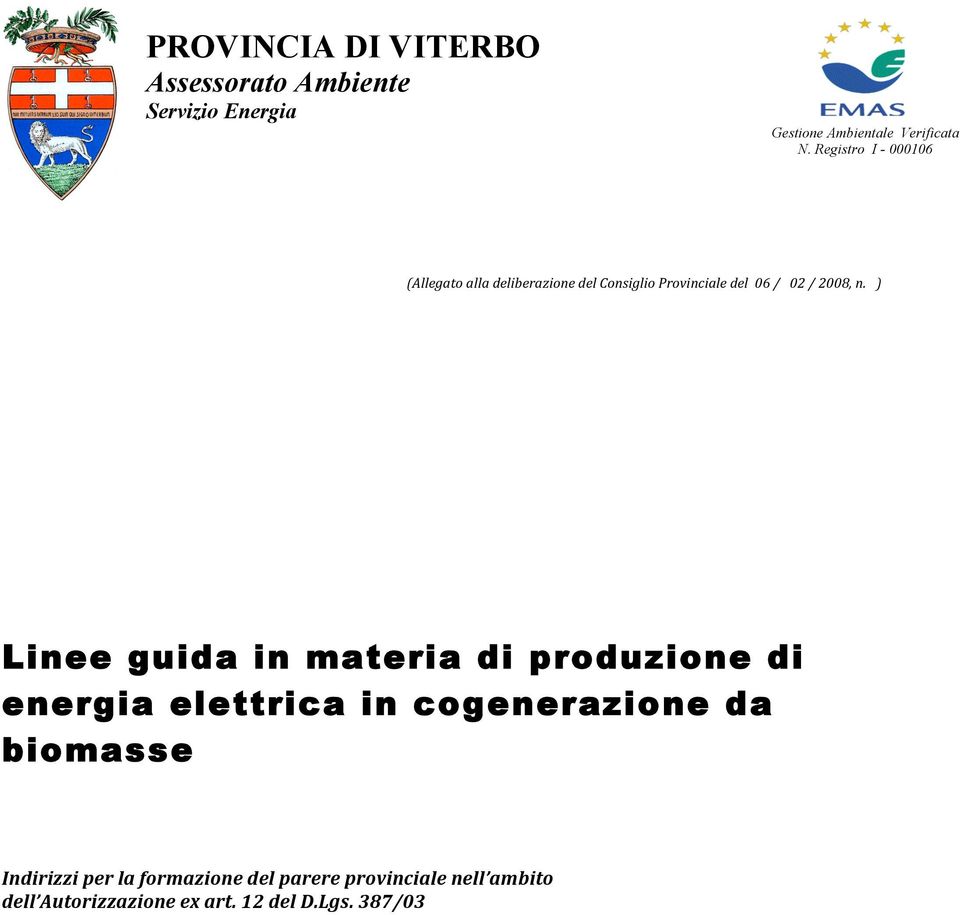 ) Linee guida in materia di produzione di energia elettrica in cogenerazione da biomasse